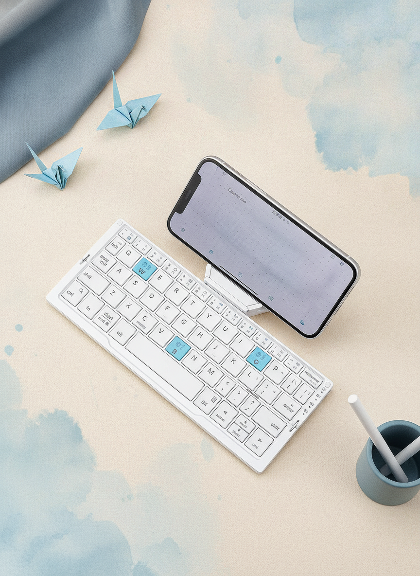A foldable Bluetooth keyboard made of aluminum alloy, unfolded and displaying its keys, on a warm background with blue accent