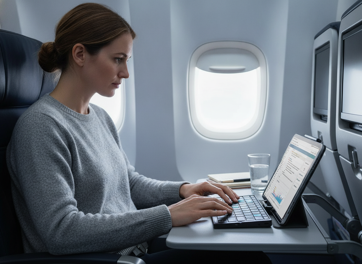 A digital nomad uses a foldable Bluetooth keyboard on an airplane tray table, paired with a tablet. The keyboard is silver al