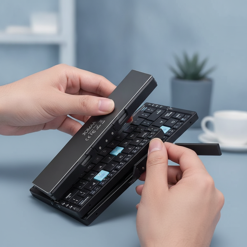 Hands folding a silver aluminum alloy Foldable Bluetooth Keyboard, showing its compact 7-inch profile against a blurred cafe 