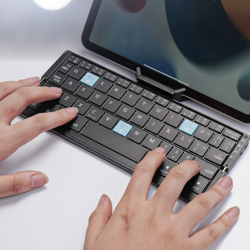 Close-up of a person's hands typing on a foldable Bluetooth keyboard with scissor-switch keys on a light desk in a modern hom