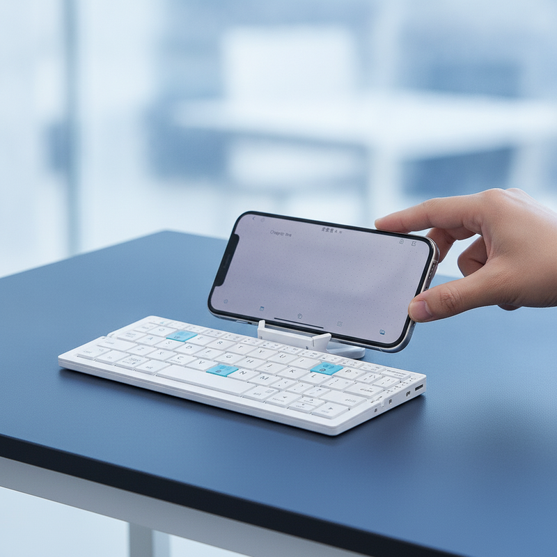 A foldable Bluetooth keyboard with a smartphone on its magnetic stand sits on a slate blue desk, a hand adjusting the phone.